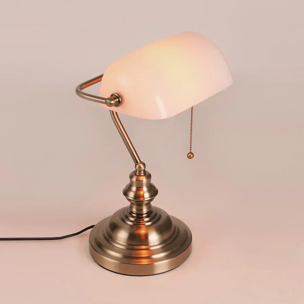 Glass Banker Desk Lamp With Zipper Switch For Home Office