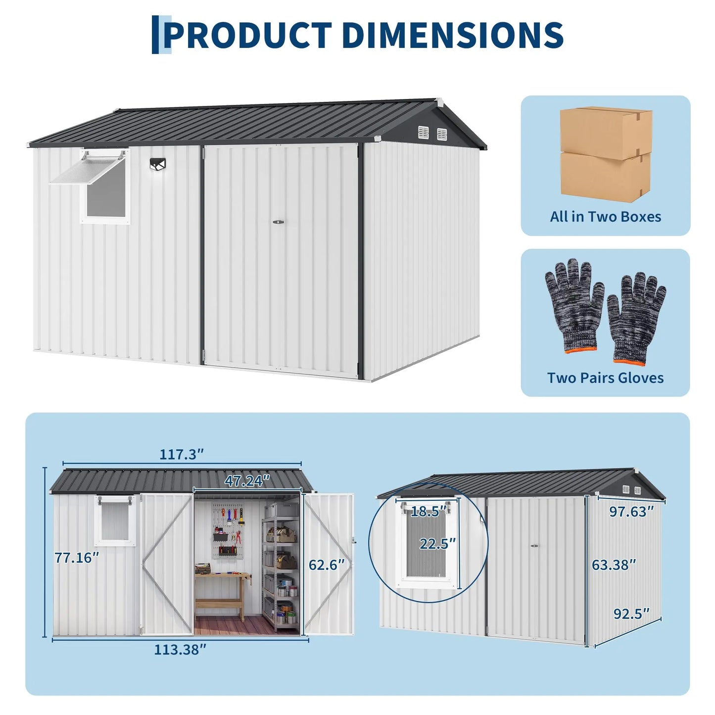 HiMISS Steel Garden Storage Shed With Sloped Roof Lockable Doors Vents Window