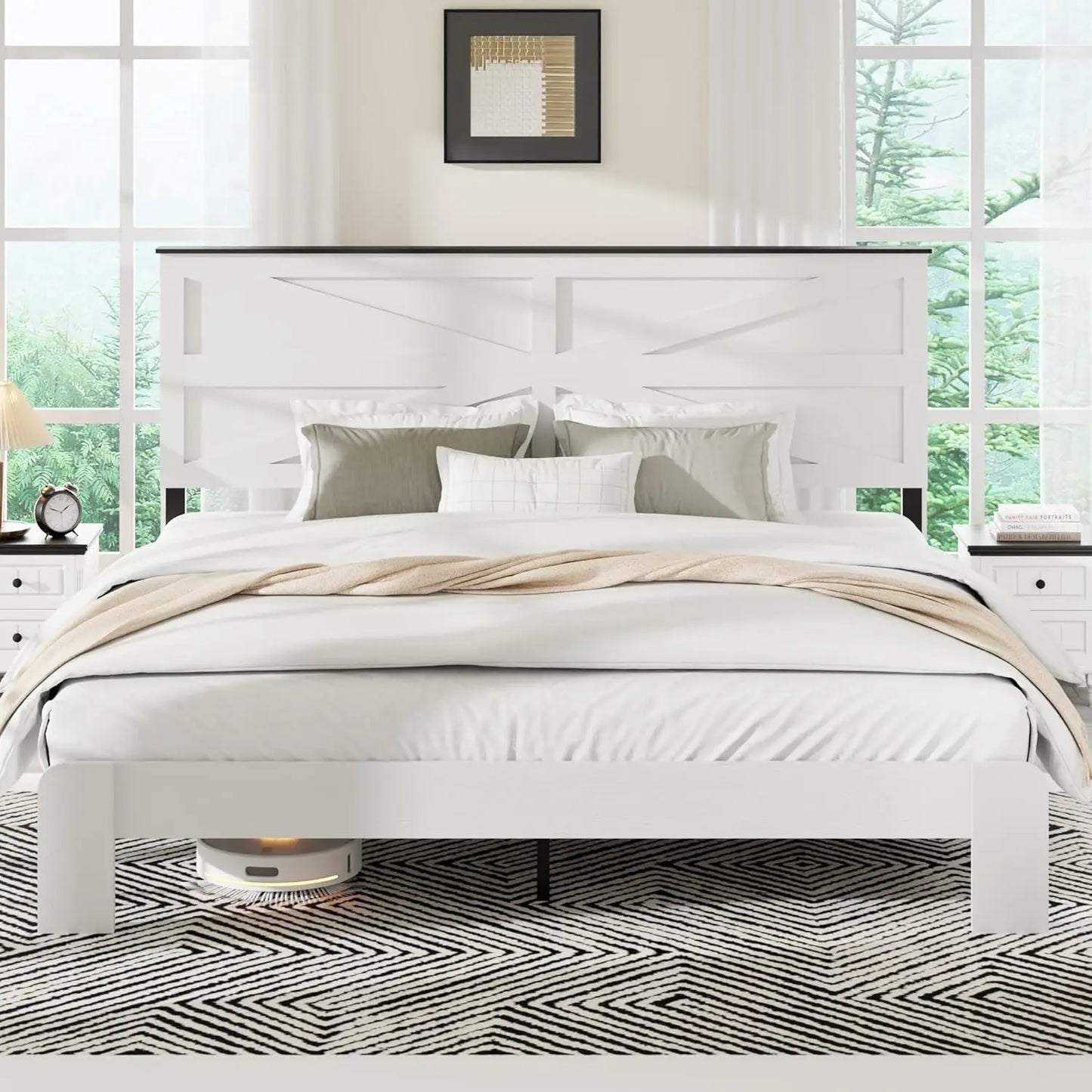 GUANGBAI Farmhouse Boho Platform Bed Frame With Headboard