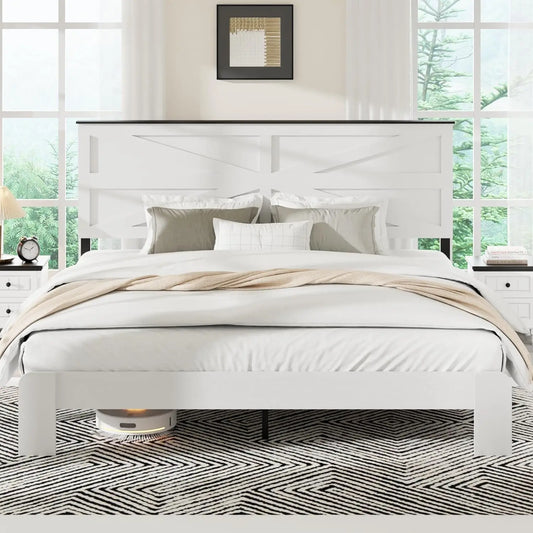 GUANGBAI Farmhouse Boho Platform Bed Frame With Headboard