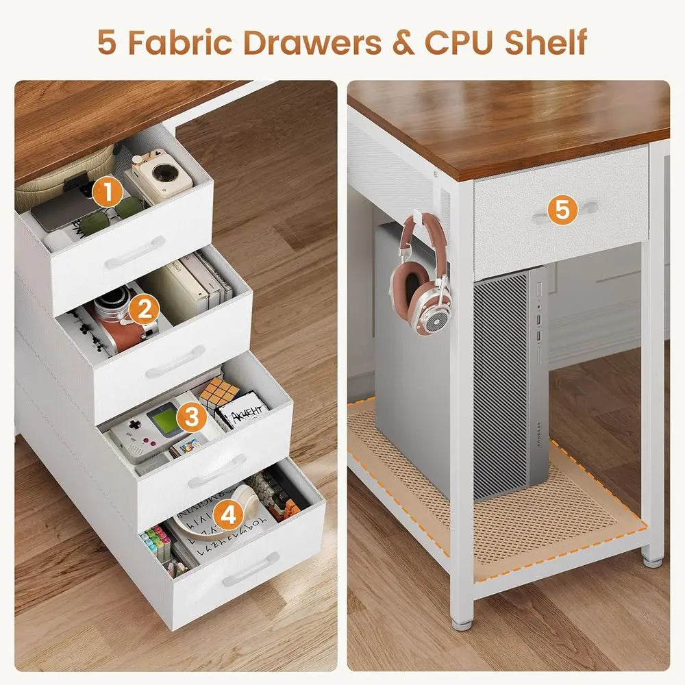 57 Inch L Shaped Desk With 5 Drawers And Power Outlet