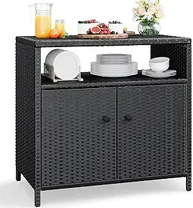 Large Outdoor Kitchen Wicker Island Rolling Cart & Patio Bar Table, w/Wheels and Black Glass Table Top Backyard and Poolside Da