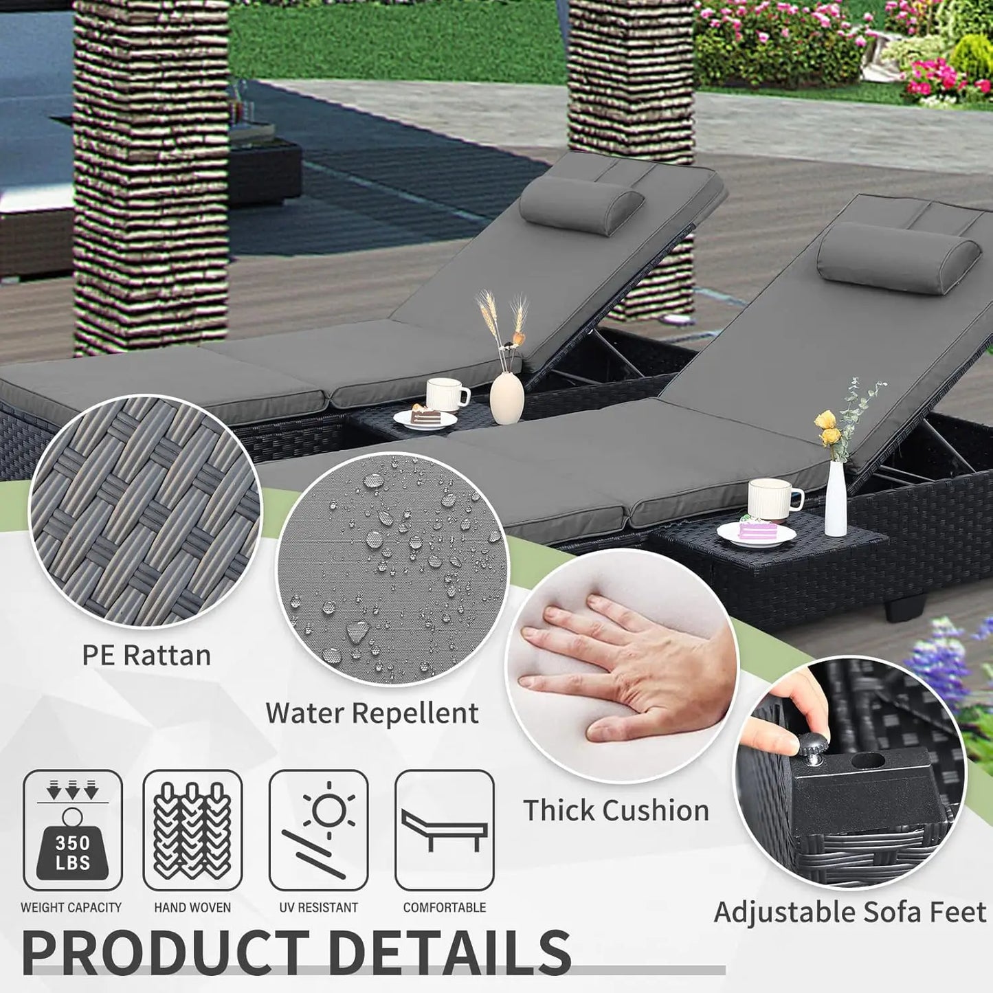 Outdoor Wicker Chaise Lounge Set for Patio with Cushions