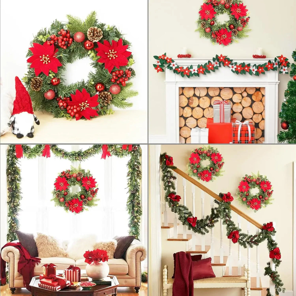 Garvee Christmas Wreath With Red Poinsettia Flowers For Holiday Decor