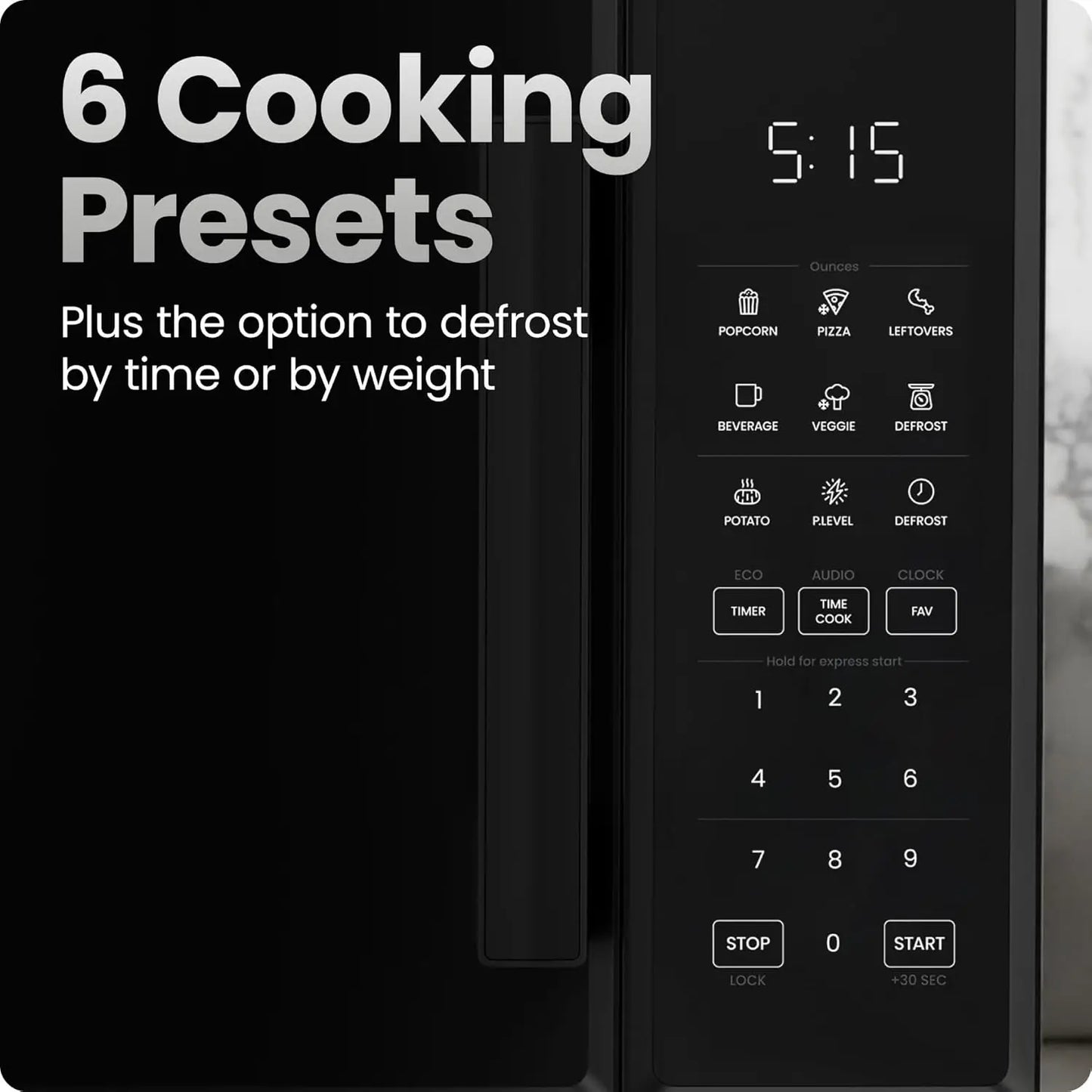Compact 900W Microwave with 6 Presets, Eco Mode, Child Lock & Mute