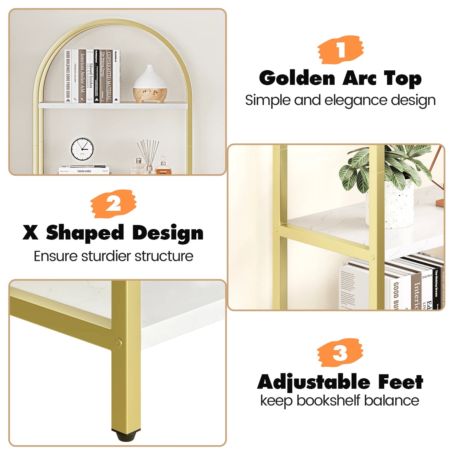 5 Tier Bookshelf Arched Display Shelves Tall Standing Bookshelves Metal Frame Modern Storage Rack Shelf Large Wooden Bookcase