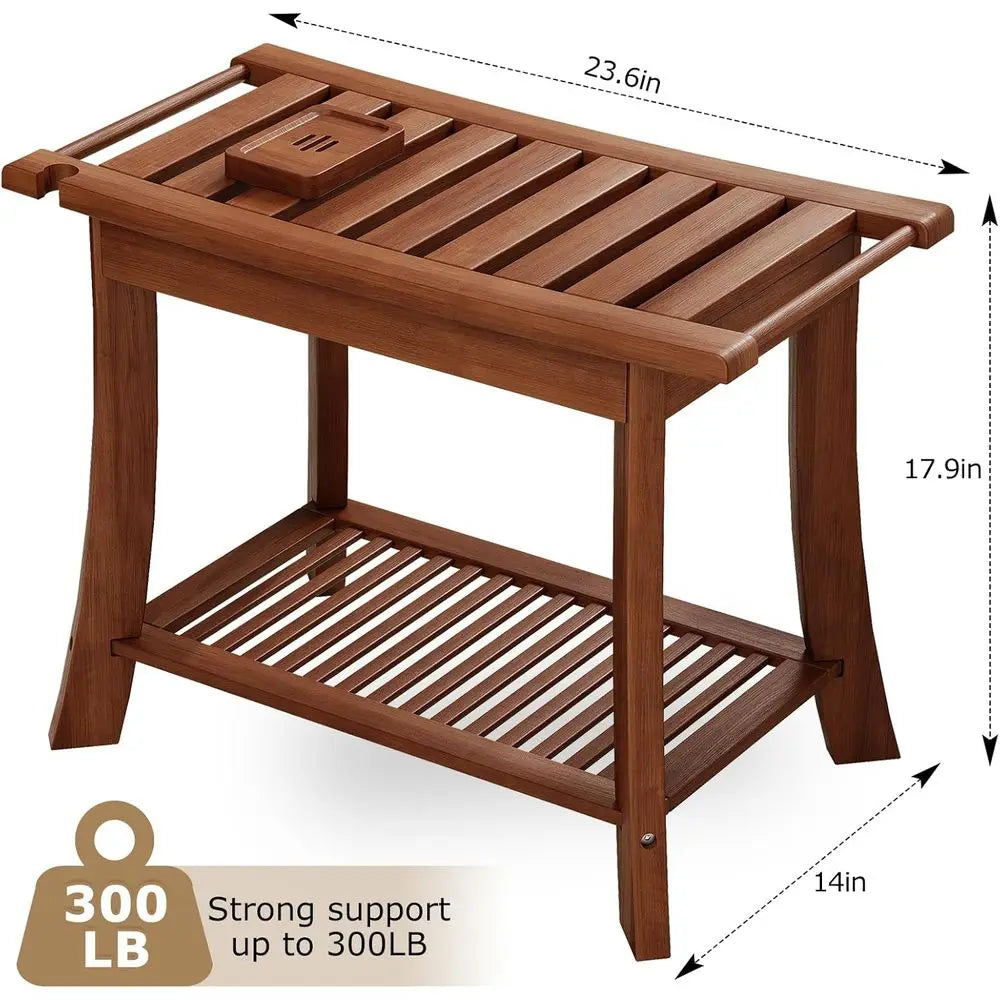 Teak Shower Bench With Storage Shelf And Towel Rack For Indoor Outdoor Baths