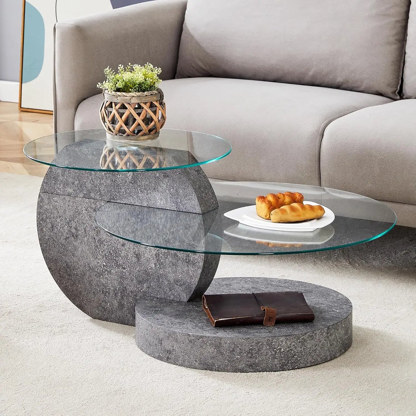Tempered Glass Coffee Table With Three Tier Wood Base