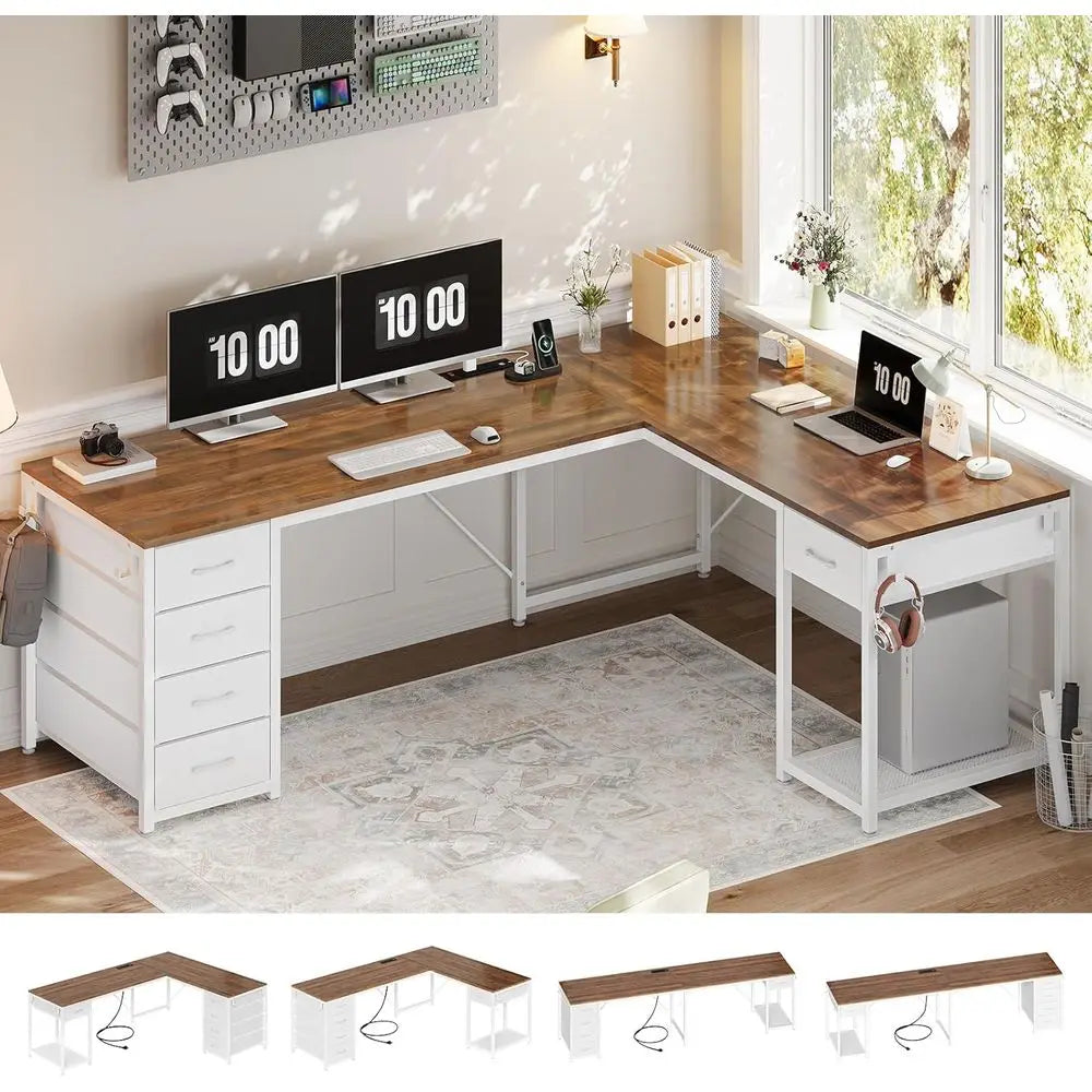 57 Inch L Shaped Desk With 5 Drawers And Power Outlet