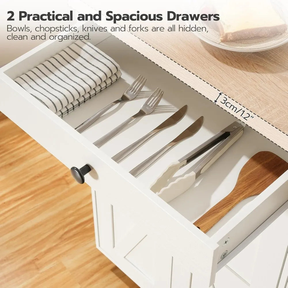 Kitchen Island with Power Outlet,43.3 Rolling Kitchen Island with Storage, Rolling Cart with Spice Rack and Hooks