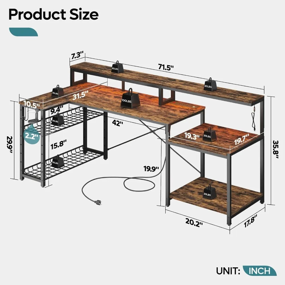 Rustic Brown Computer Desk With Power Outlets And Adjustable Features