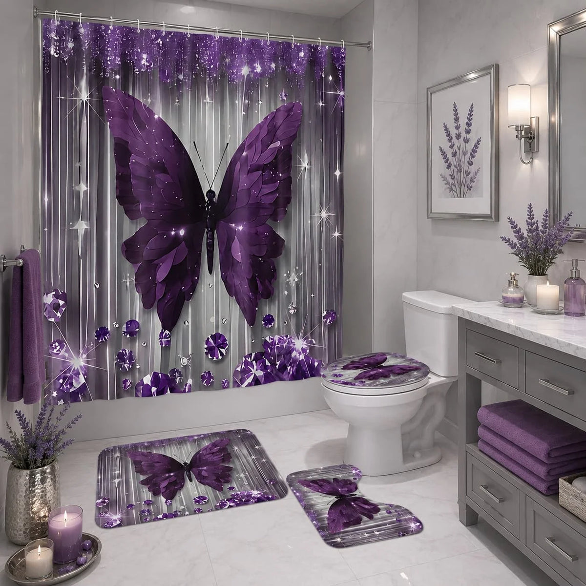 Butterfly Bathroom Set With Shower Curtain Rug And Toilet Cover
