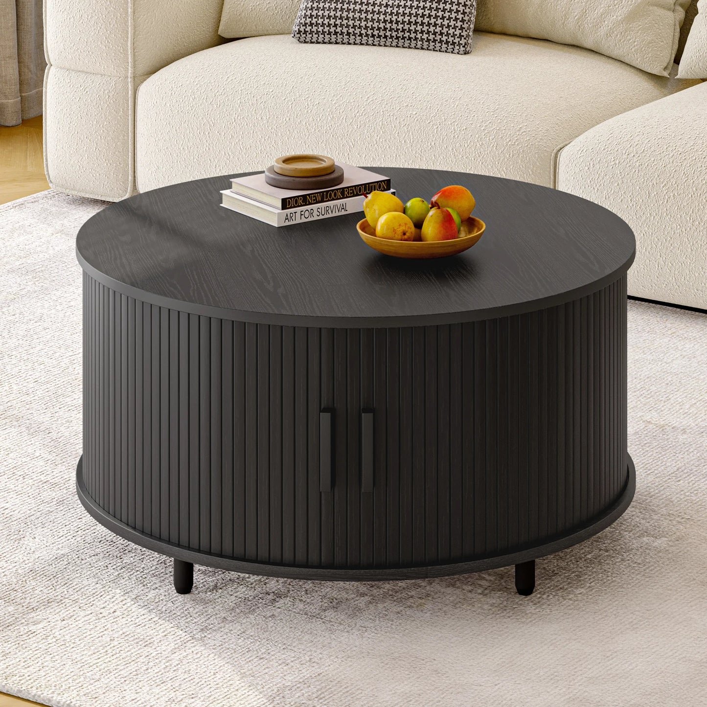 Round Coffee Table With Storage Drum Design And Sliding Door
