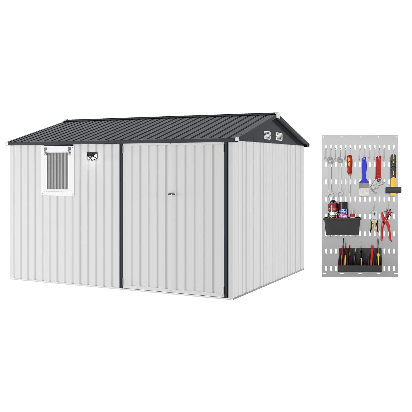 HiMISS Steel Garden Storage Shed With Sloped Roof Lockable Doors Vents Window