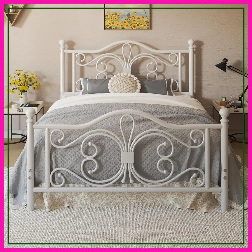 Full Size Metal Platform Bed Frame with Butterfly Headboard, No Box Spring Needed, Easy Assembly, White