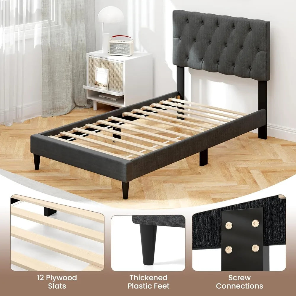 Modern Upholstered Platform Bed Frame with Diamond Tuft Headboard