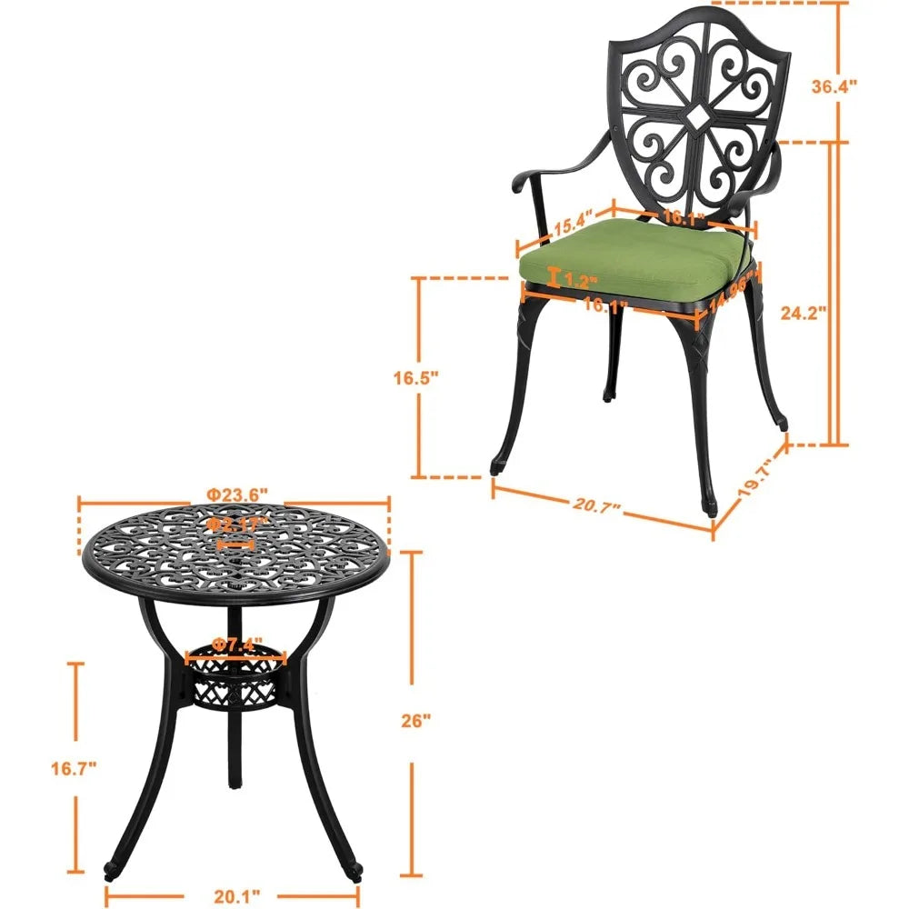Outdoor 3-Piece Cast Aluminum Bistro Set With Cushions Umbrella Hole