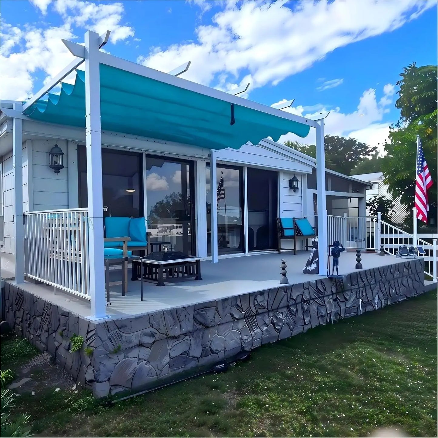 Aluminum Pergola With Retractable Double Canopy Wind Resistant Outdoor
