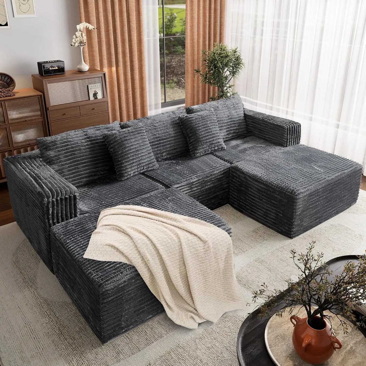 Corduroy Modular Sectional Sofa With Ottomans And Convertible Cloud Couch
