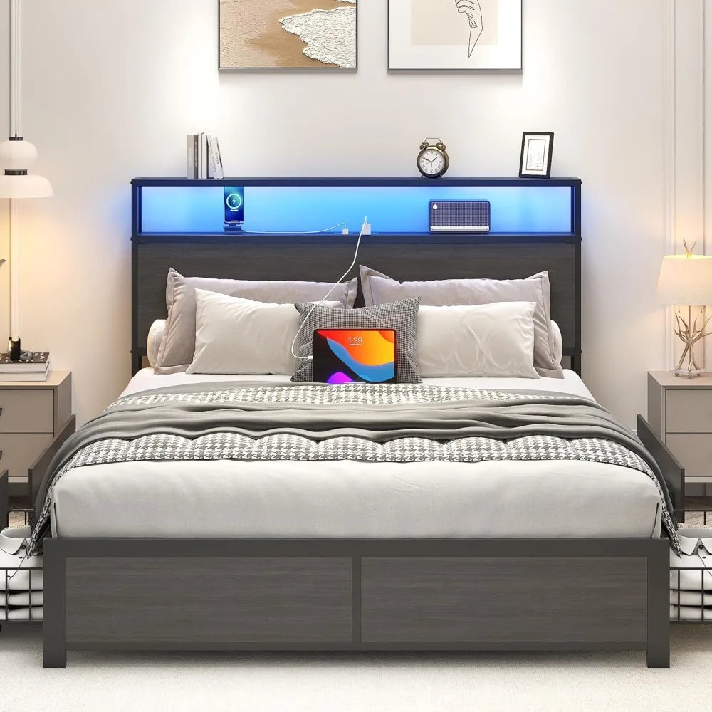 Full Bed Frame With 4 Drawers And Storage Headboard LED