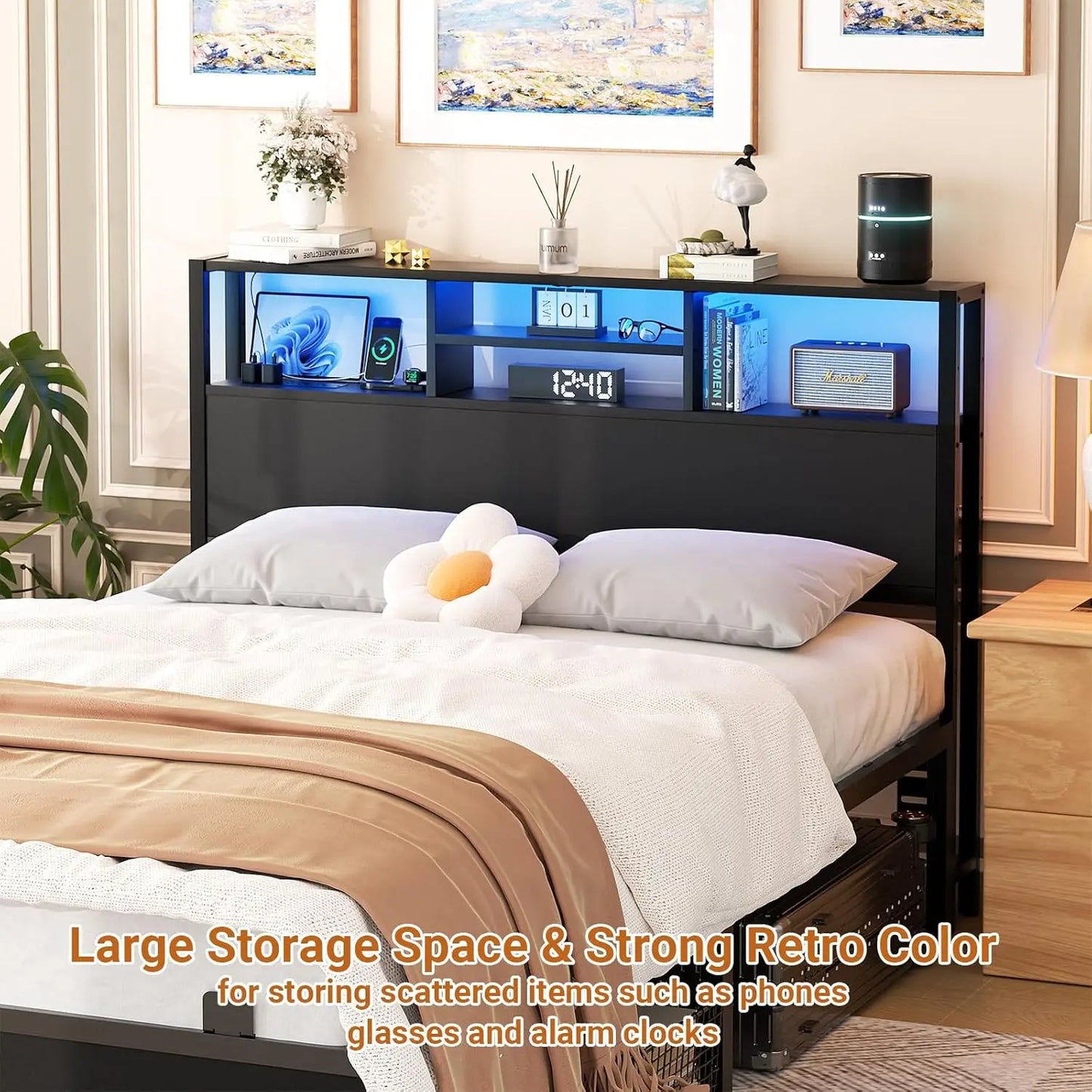 Bed Headboard With Storage Outlets USB Ports LED Light
