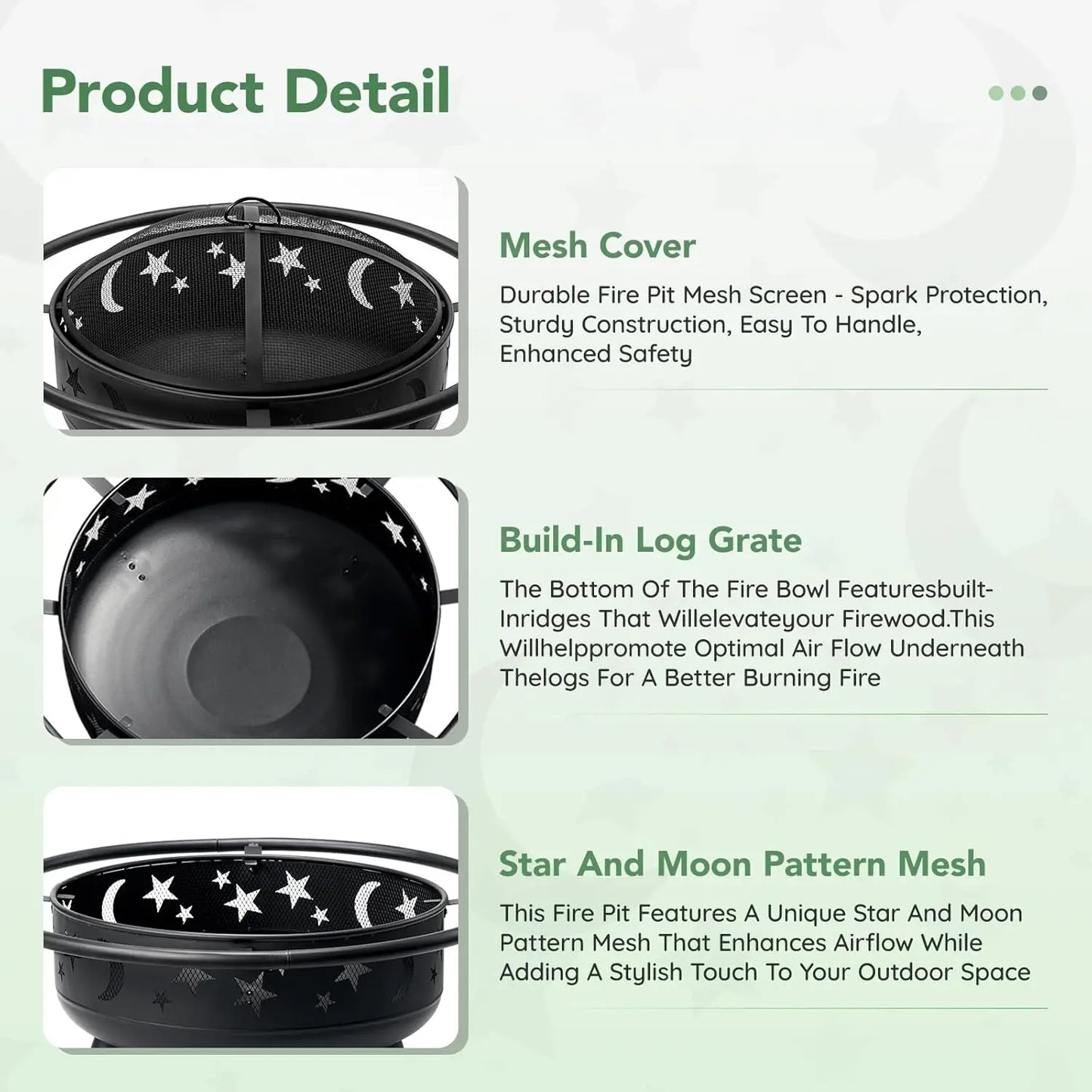 Round Fire Pit With Mesh Cover And Star Moon Design