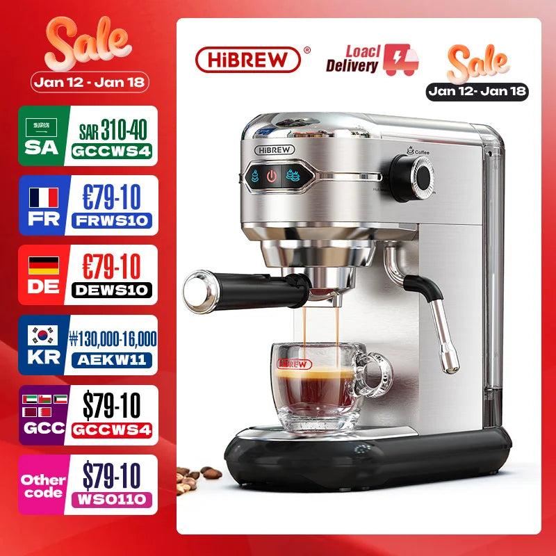 HiBREW Coffee Maker Cafetera 20 Bar Inox Semi Automatic Super Slim ESE POD& Powder Espresso Cappuccino Machine Hot Water H11