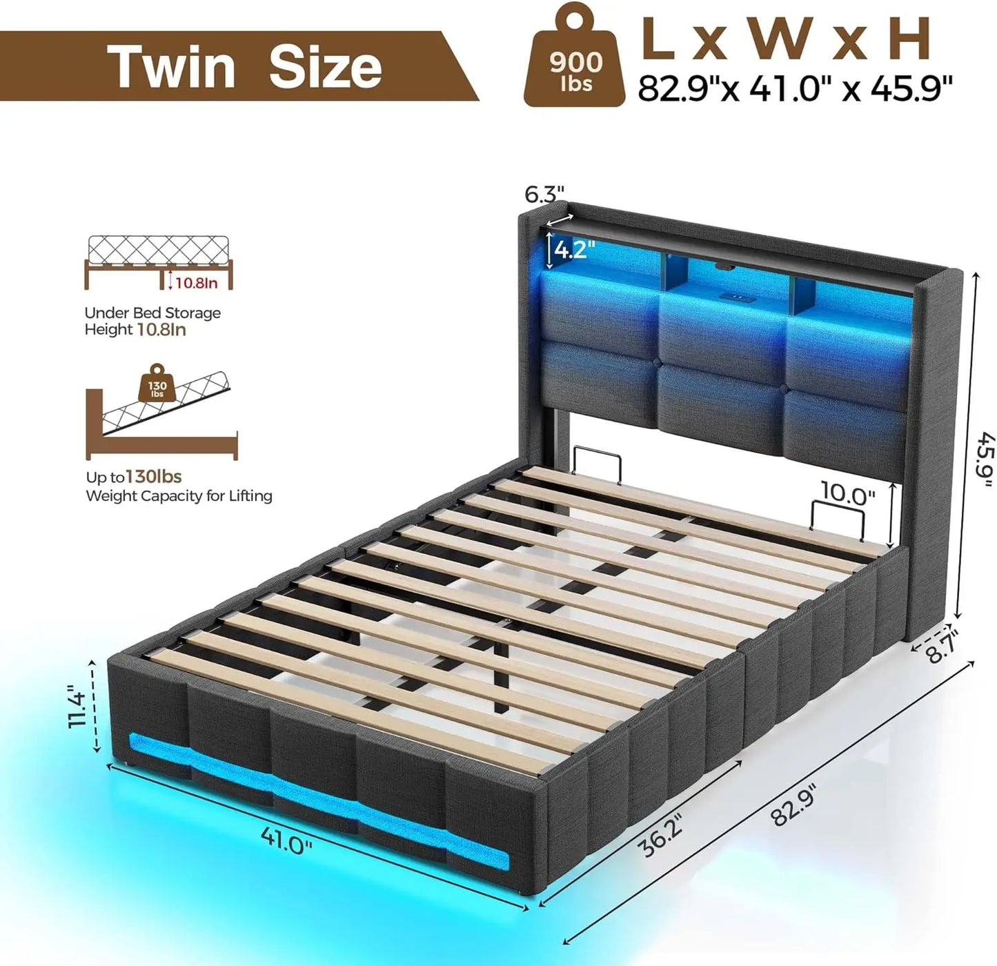 Lift Up Storage Bed With LED Lights And Charging Station