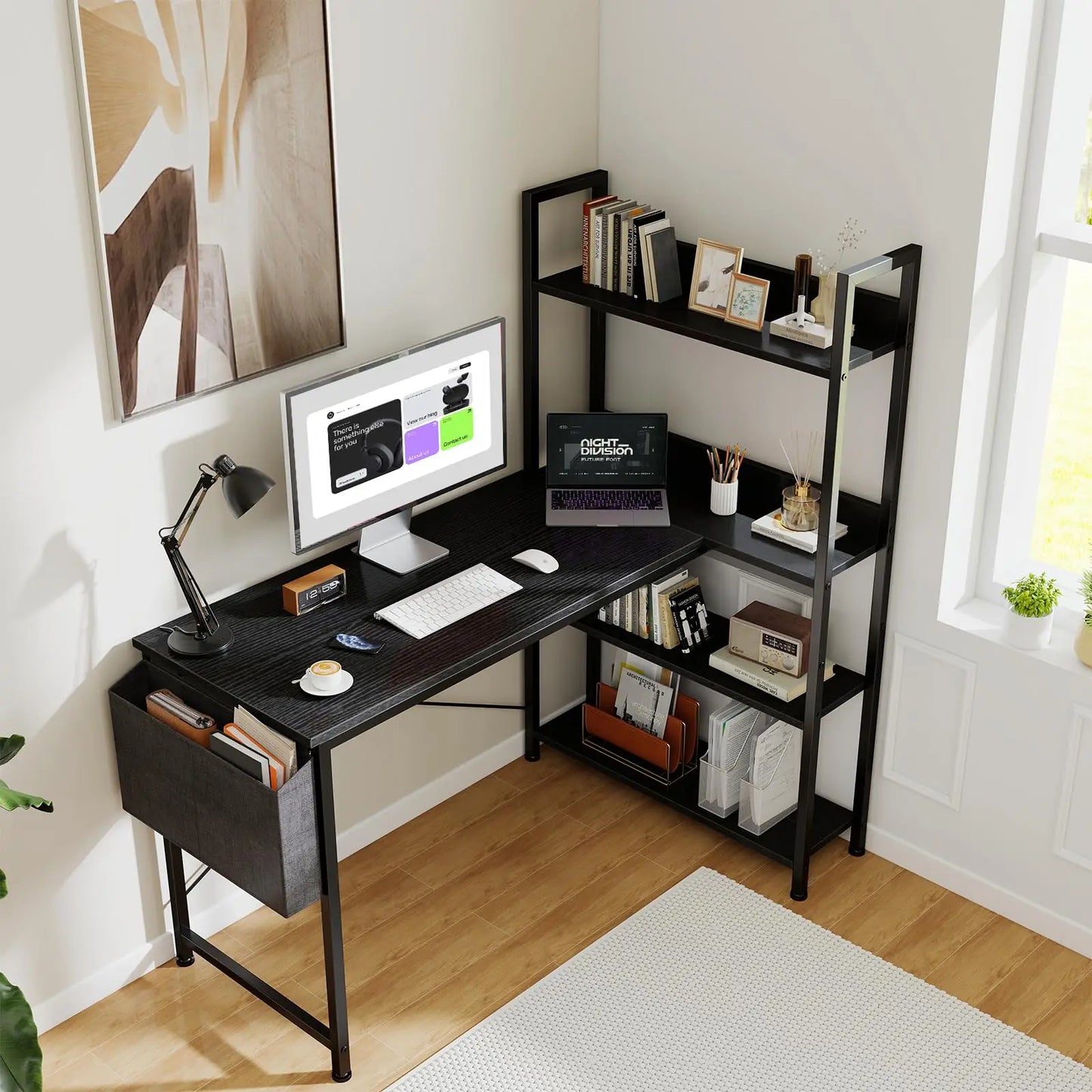 JHK 47 Inch L Shaped Desk with Storage Shelf Computer Table Gaming Wood Tables with Side Bag Adjustable Feet for Home Office