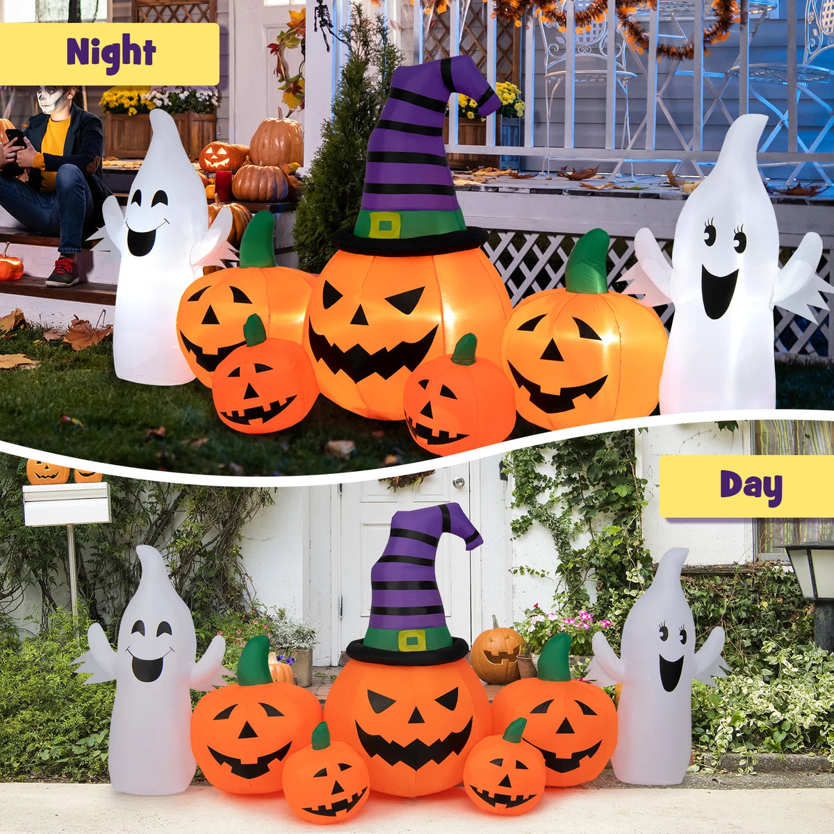 LIFEZEAL Halloween Inflatable Pumpkin Patch With Ghosts And LED Lights