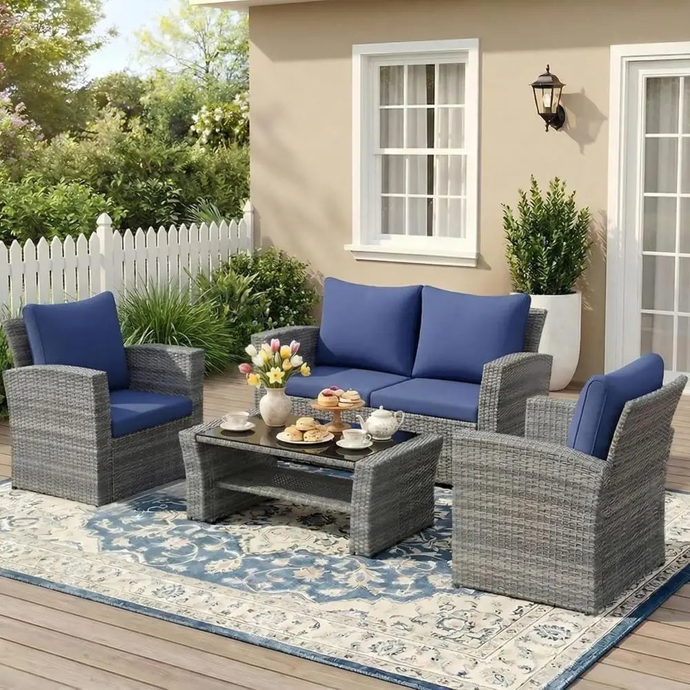 4-Piece Outdoor Patio Furniture Set With Wicker And Glass Table