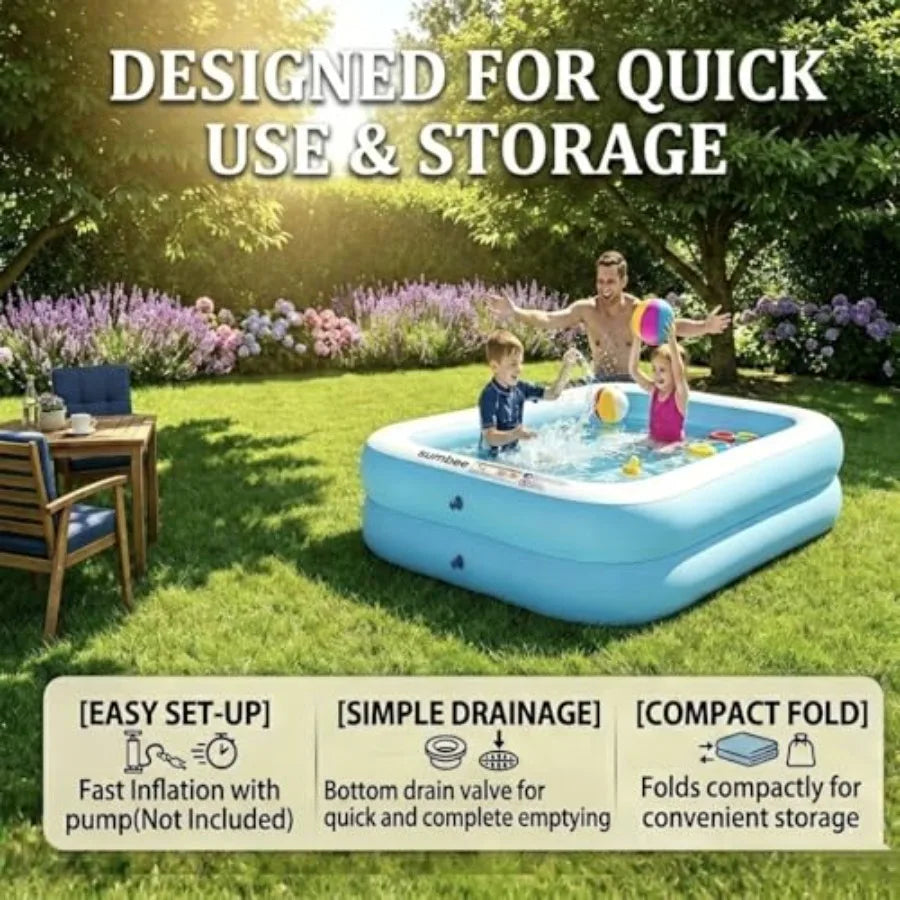 Inflatable Rectangular Family Pool With Thick PVC For All Ages