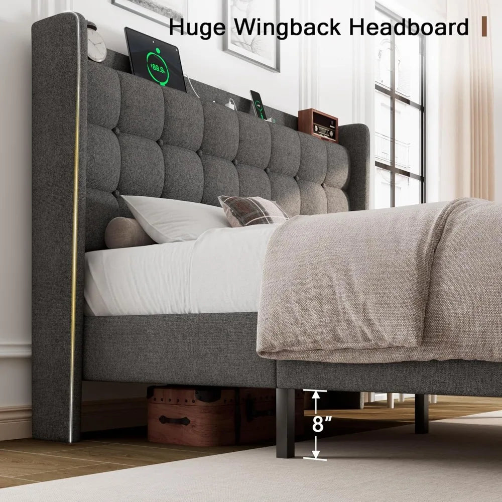 Upholstered Platform Bed Frame With Charging Station And Storage Headboard