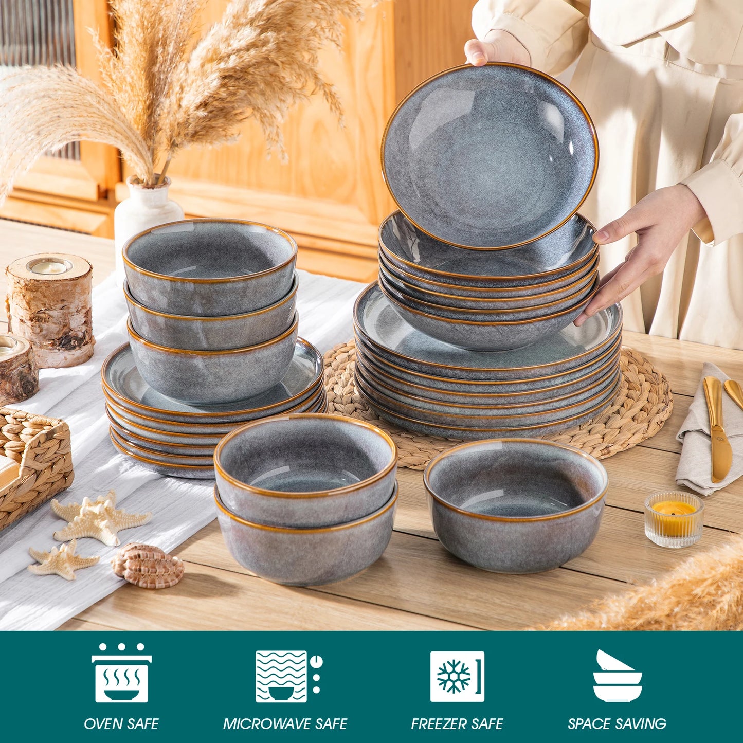 MALACASA Reactive Glaze Stoneware Dinnerware Sets For Everyday Use