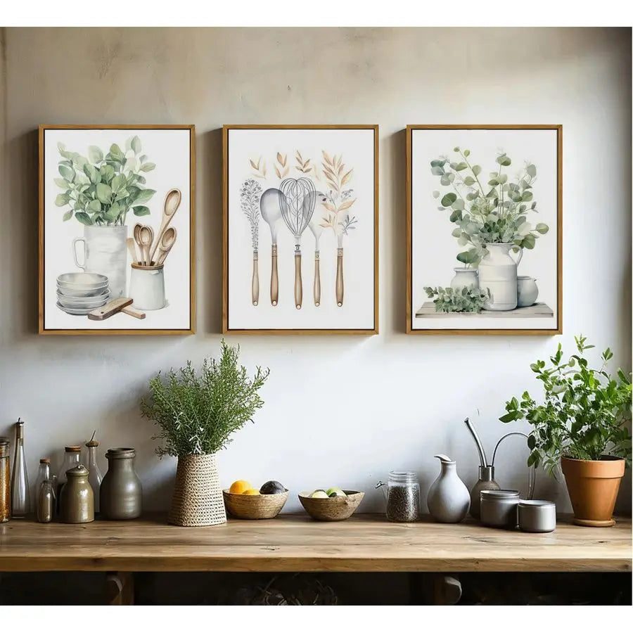 Farmhouse Kitchen Canvas Wall Art Sage Green Plants Eucalyptus Leaves