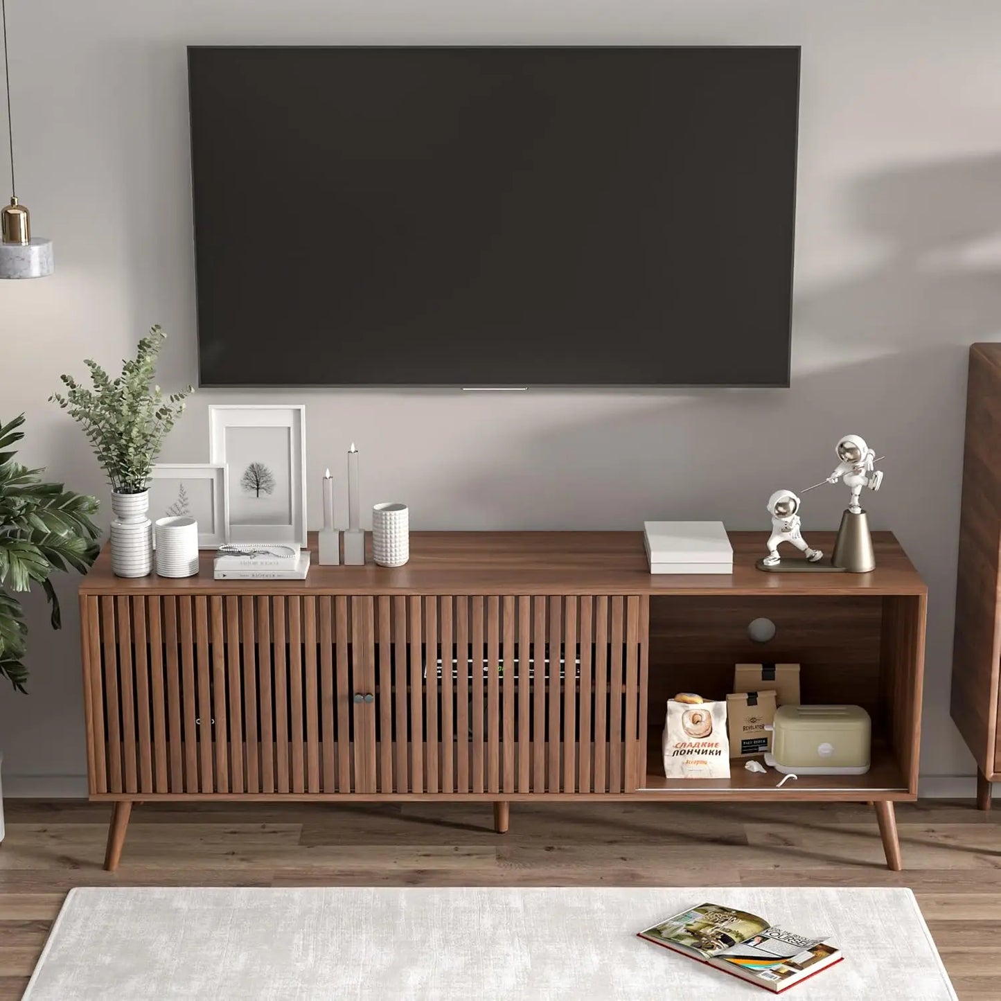 Mid Century Modern TV Stand With Sliding Doors And Storage