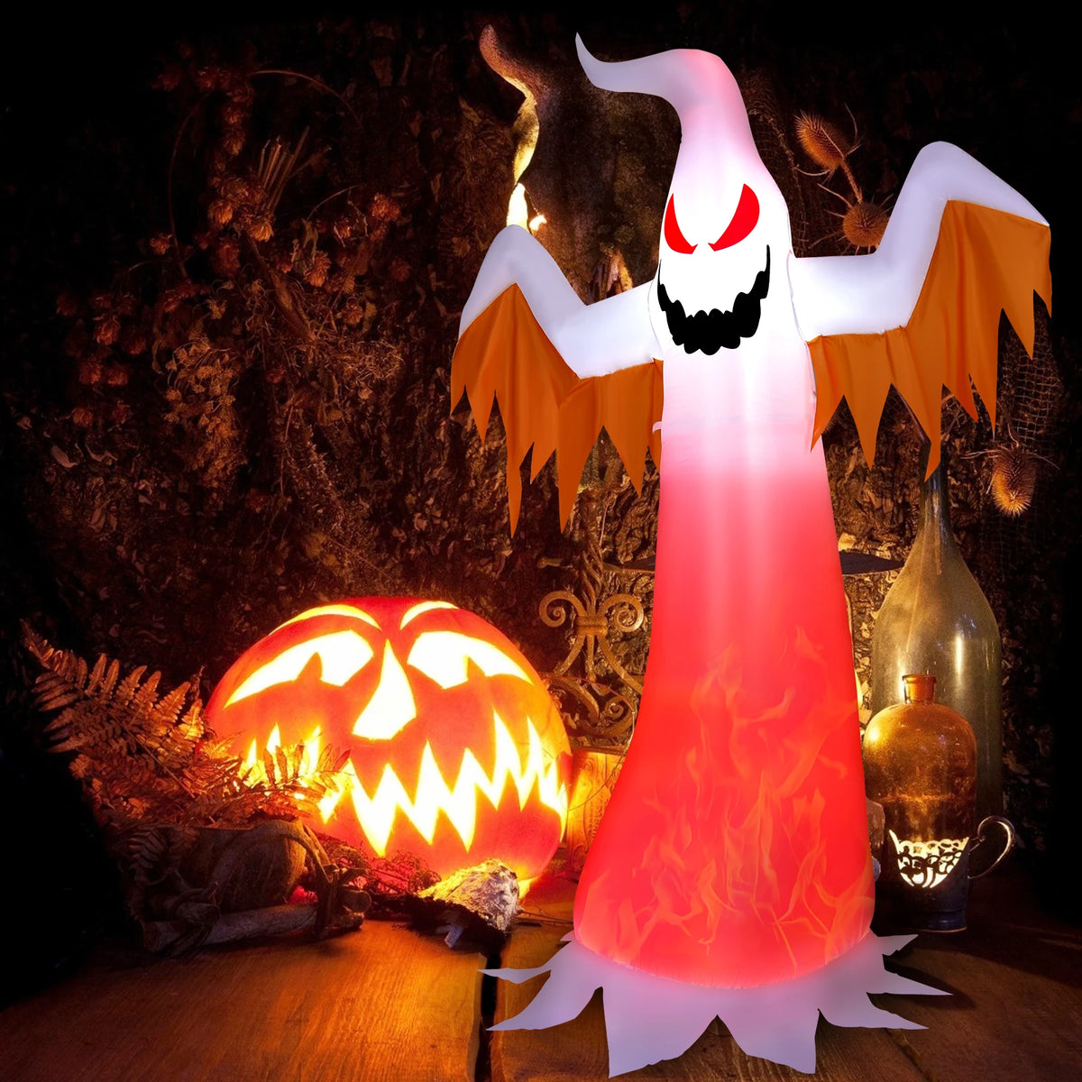LIFEZEAL Halloween Inflatable Ghost With Rotating Flame LED Lights