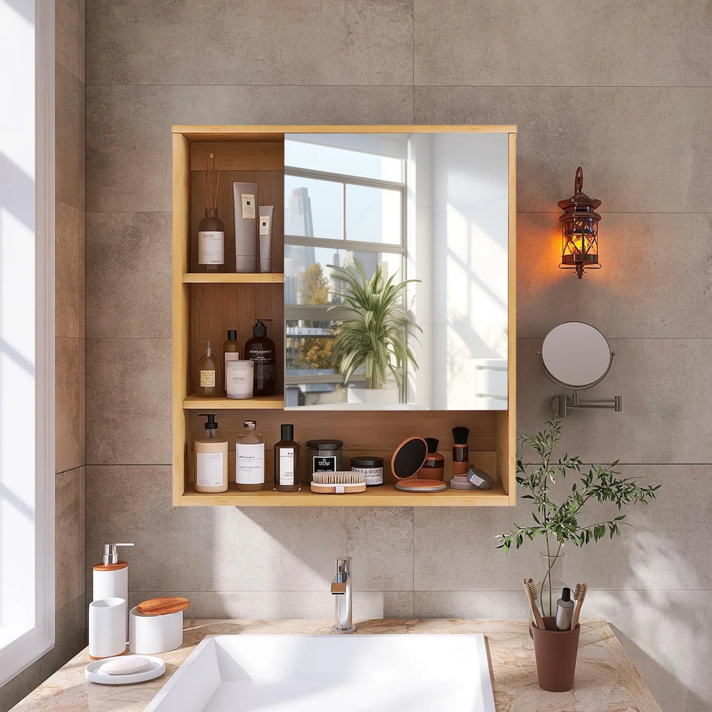 Natural Bamboo Wall Cabinet With Five Tier Open Storage