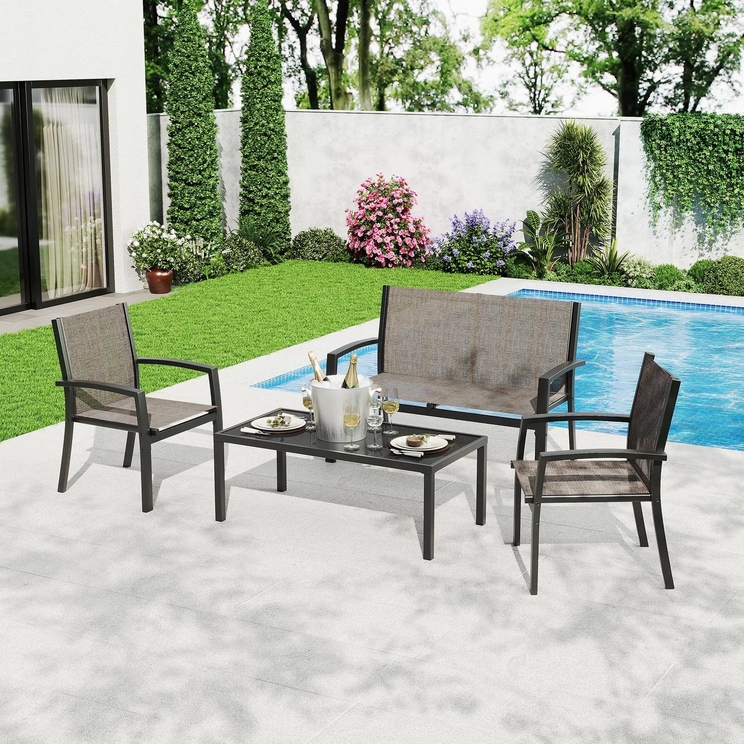 HobbyLane Modern 4 Piece Metal Patio Set With Mesh Seating