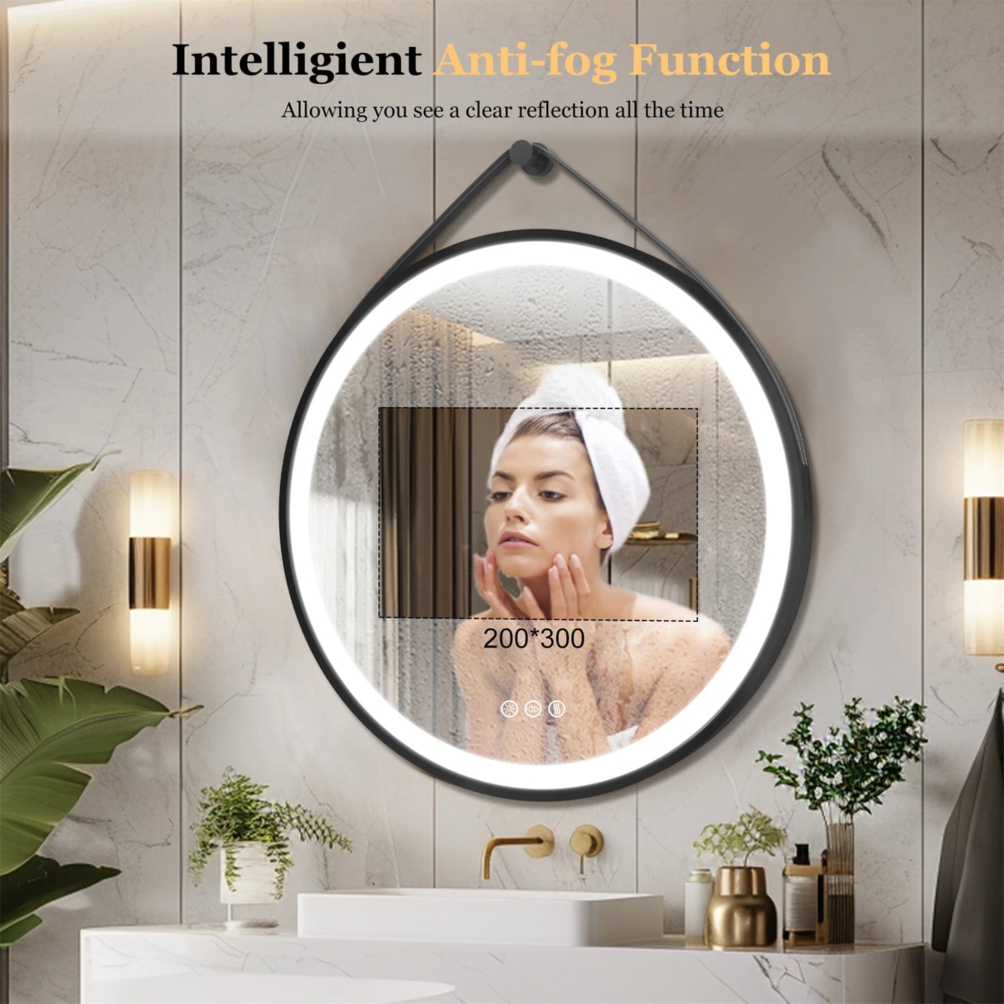 Round LED Bathroom Mirror With Leather Strap Wall Hanging And Anti Fog