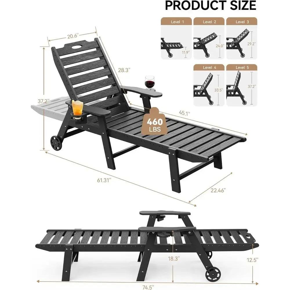 HDPE Chaise Lounge Chair Set With Wheels Adjustable Backrest