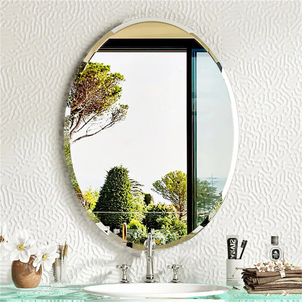 Oval Frameless Bathroom Mirror With Beveled Edge For Living Room