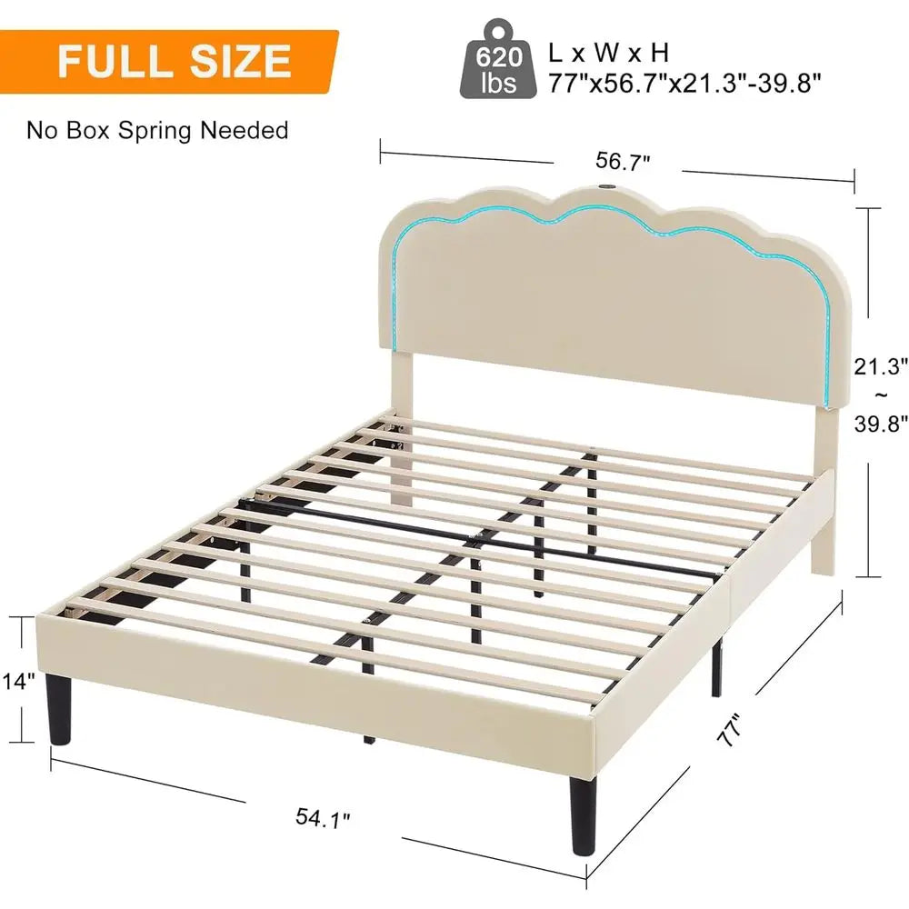 VECELO Upholstered Bed With Adjustable Board LED Lights USB C