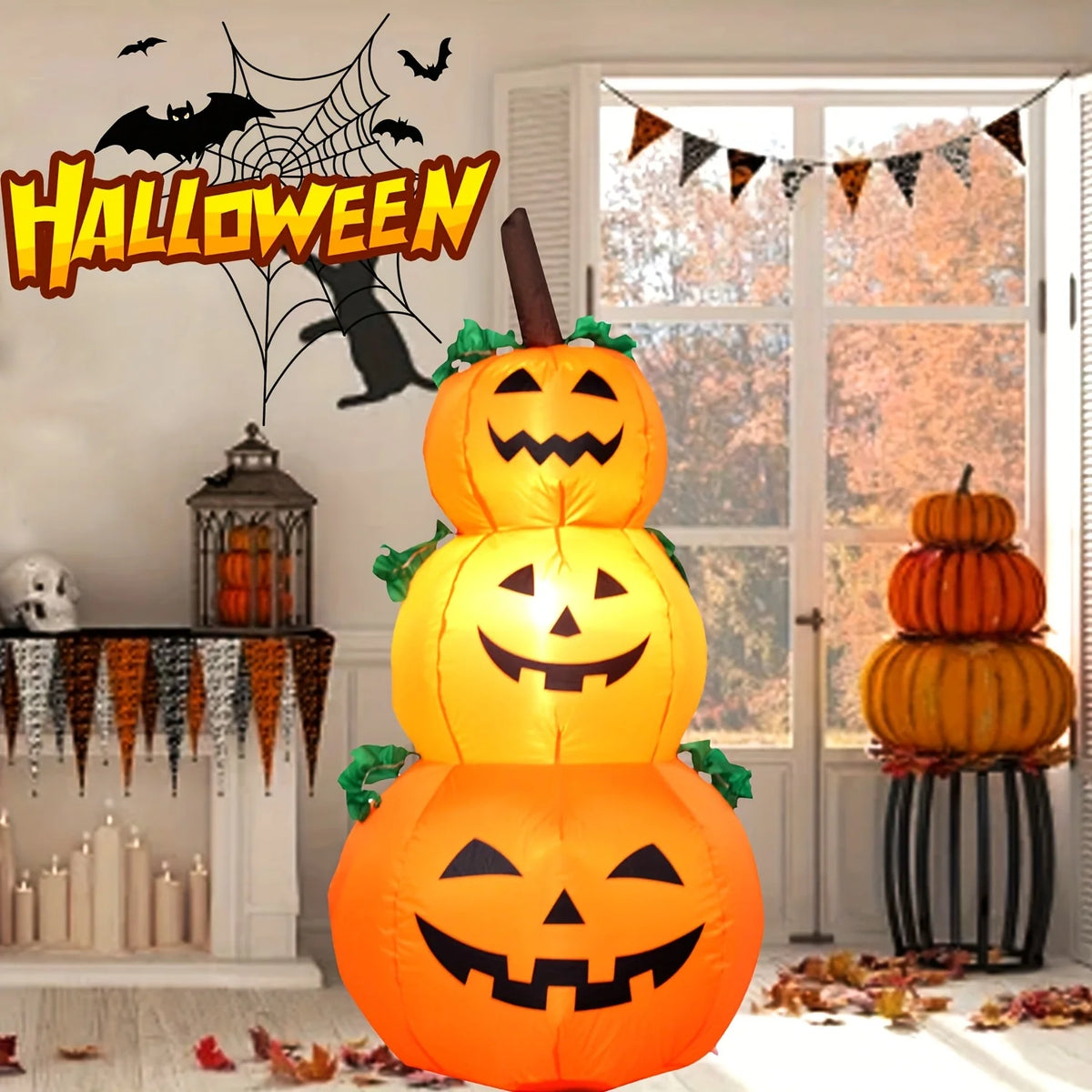 LED Halloween Inflatable Stacked Pumpkins With Built In Lights Decor