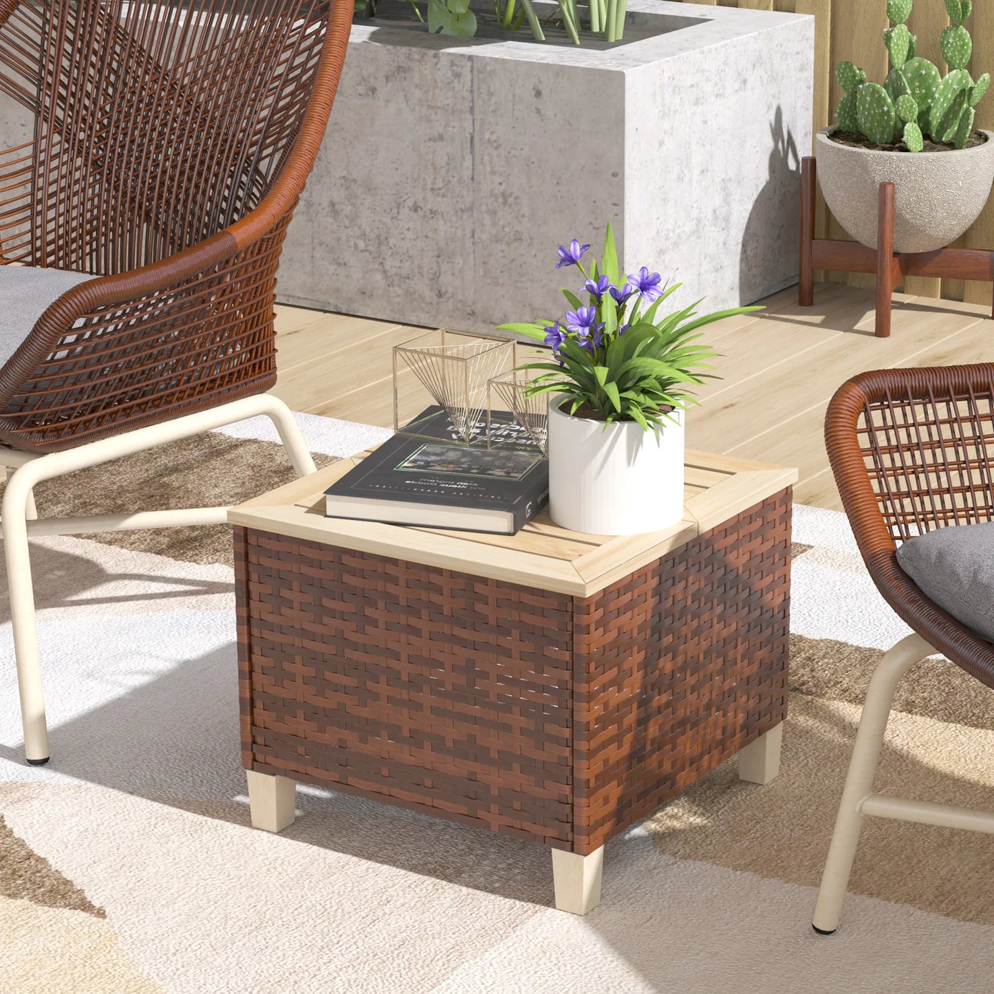 Outdoor Side Table With PE Rattan And Wood Top Patio