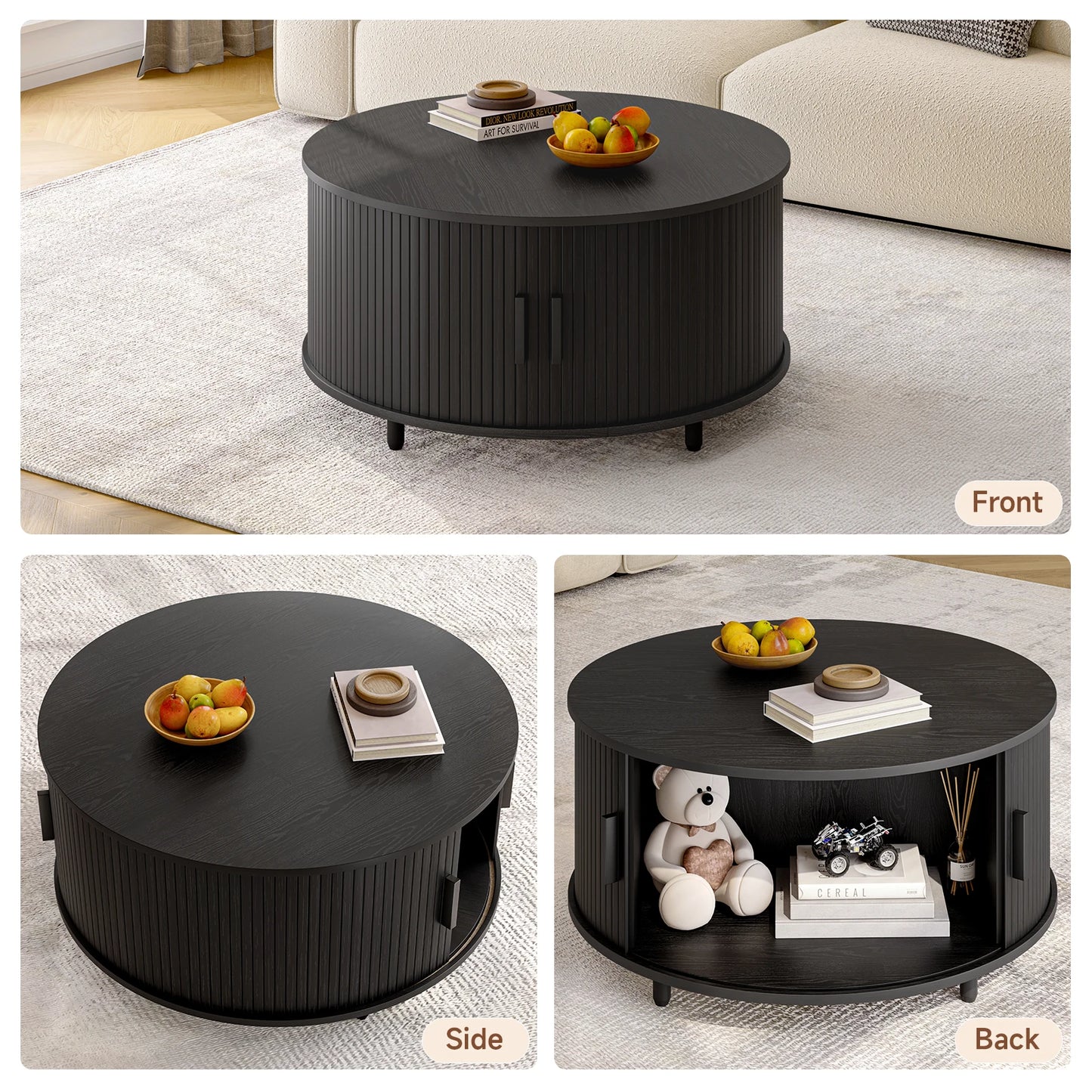 Round Coffee Table With Storage Drum Design And Sliding Door