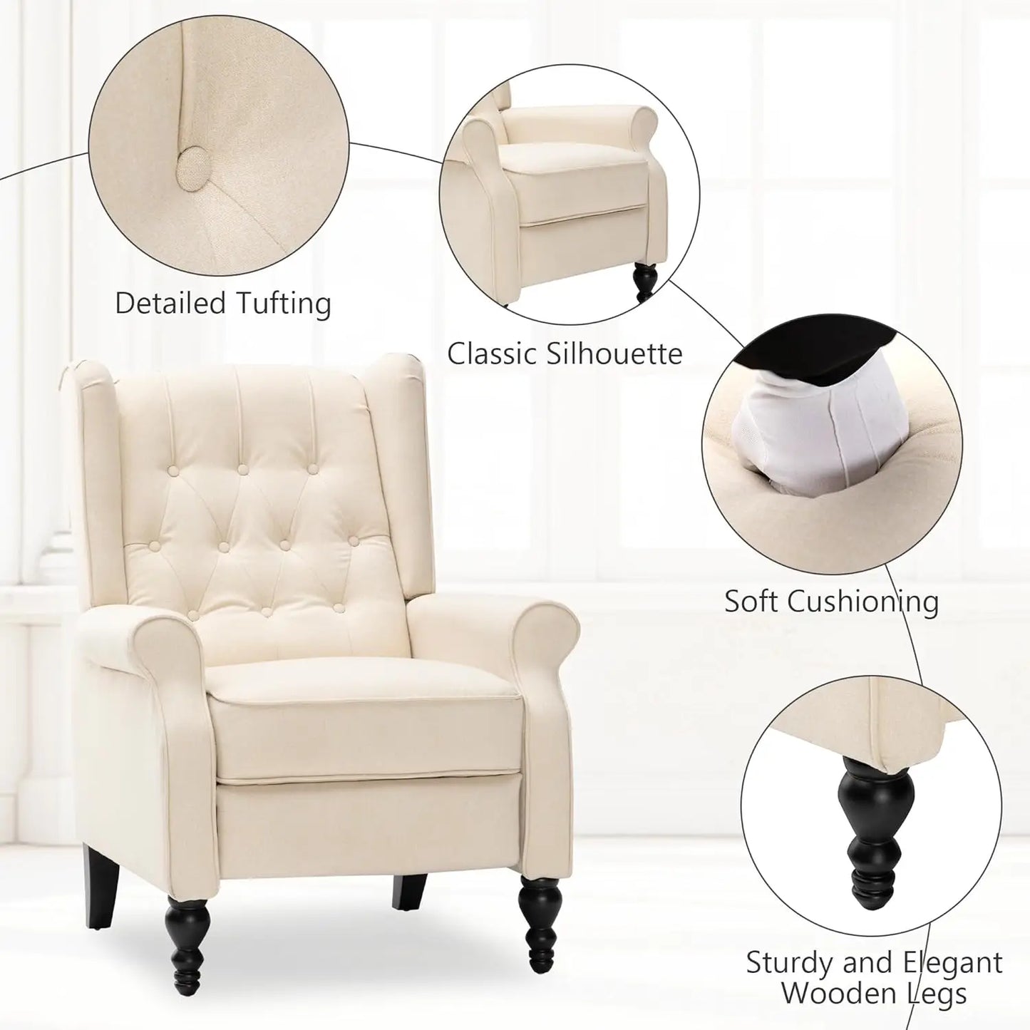 Mid Century Wingback Linen Recliner Chair Button Tufted For Adults