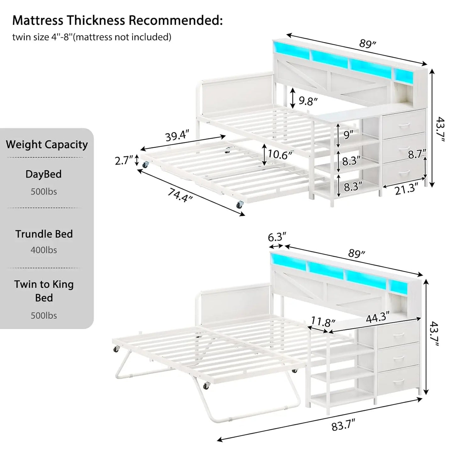 Folded Daybed With Pop Up Trundle And Storage Drawers