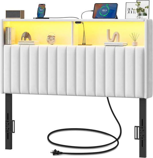 Twin Bed Headboard With Storage USB Type C Velvet Upholstery