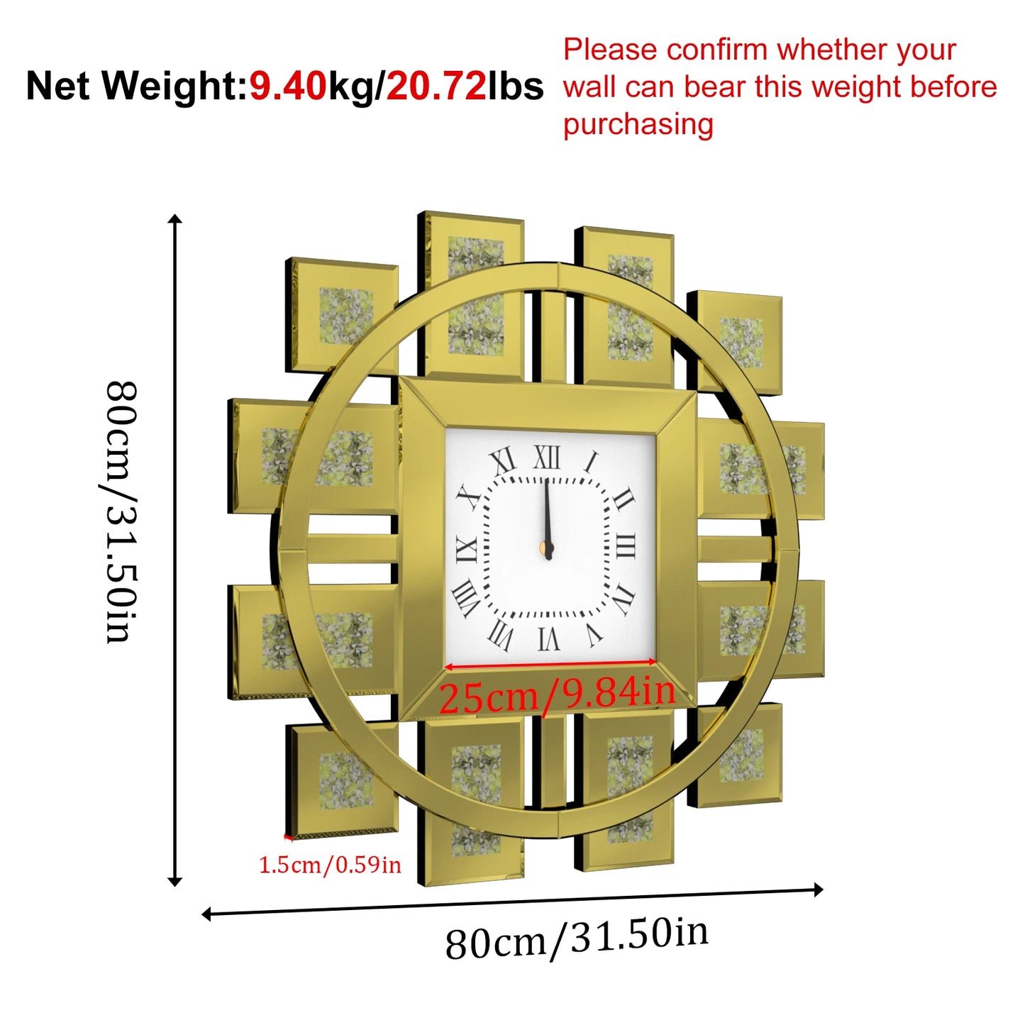 Irregular Diamond Mirrored Wall Clock With Roman Numerals Quartz